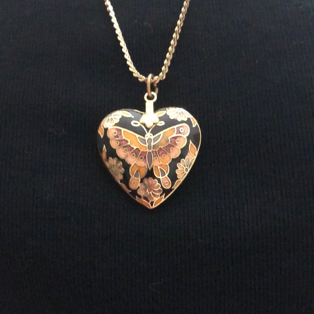 Vintage Cloisonné Enamel Heart with Butterflies and Flowers